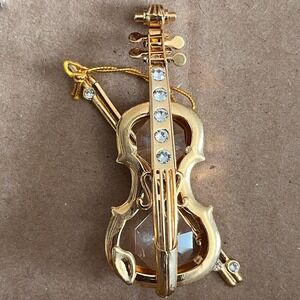 Vintage Gold Violin‎ Ornament Pendant Crystal Accents Musical Instrument Decor